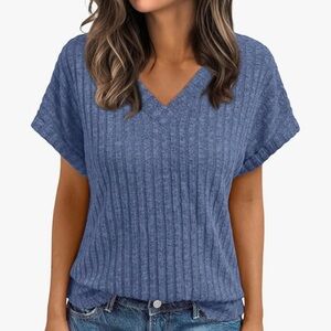 Women's Blue Short Sleeve V-Neck Top